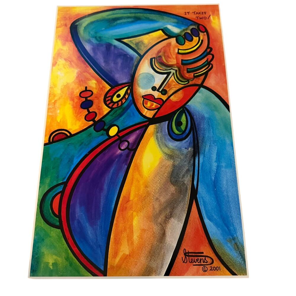 Larry Stevens 2001 Abstract Art Print 'It Takes Two' Cubist